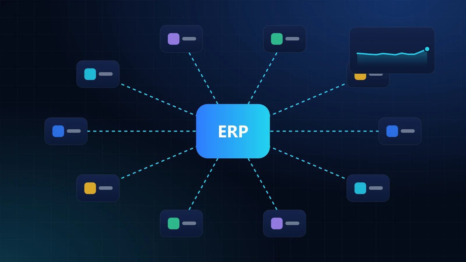 ERP and BI dashboard showing unified customer and item masters feeding one set of sales, stock, receivables and cash KPIs with an audit trail panel